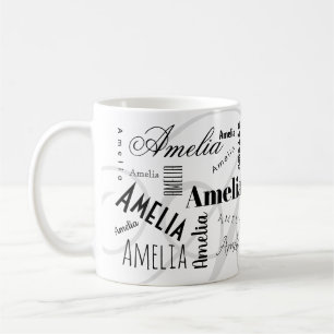 Taza de café negra blanca con nombre personalizado