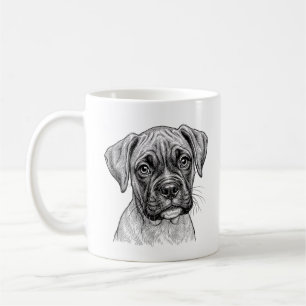 Taza de café negra con cachorro boxer tímido