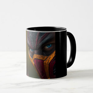 Taza de café negra con cara de monstruo espeluznan