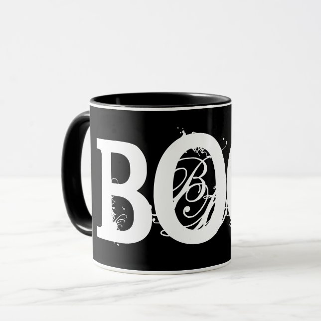 Taza de café negra de Halloween "¡BOO!" (Anverso izquierdo)