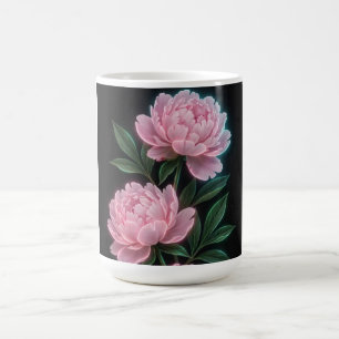 Taza de café negra floral rosa vintage peonía