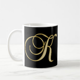 Taza De Café Negro con monograma inicial elegante del oro de la