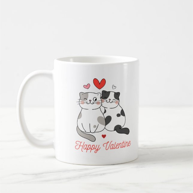 Taza De Café Negro Rojo Ilustrado Cute Gats Feliz San Valentín (Izquierda)