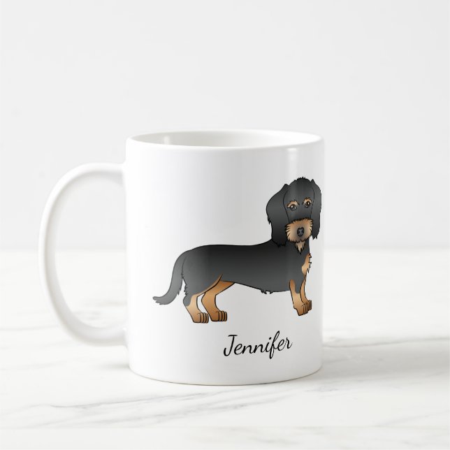 Taza De Café Negro Y Tan Wire Haired Dachshund Perro Con Nombre (Izquierda)