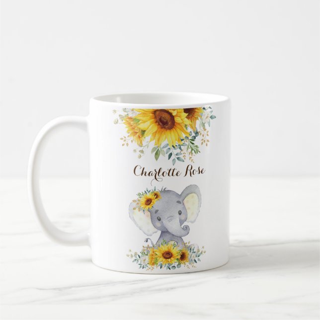 Taza De Café Nena dulce Elephant Boho Acuarela Sunflower (Izquierda)