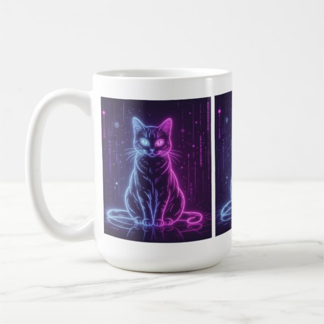 Taza De Café **Neon Cat Design – Glowing Futuristic Feline Art* (Izquierda)