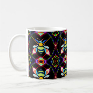 Taza De Café Neon Honeybee vibrante con abstracto Hexagonal