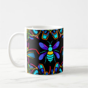 Taza De Café Neon Honeybee vibrante con abstracto Hexagonal