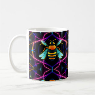 Taza De Café Neon Honeybee vibrante con abstracto Hexagonal