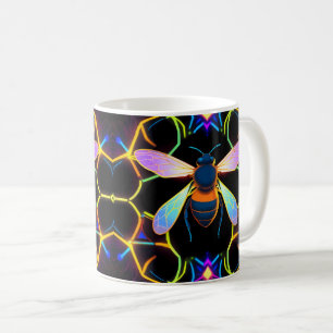 Taza De Café Neon Honeybee vibrante con abstracto Hexagonal