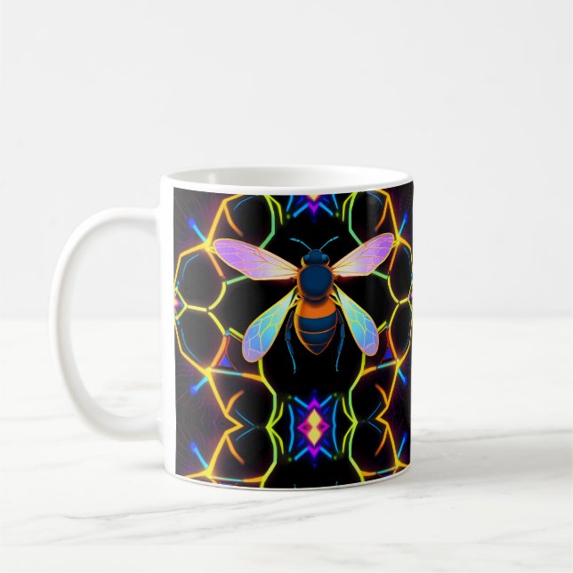 Taza De Café Neon Honeybee vibrante con abstracto Hexagonal (Izquierda)