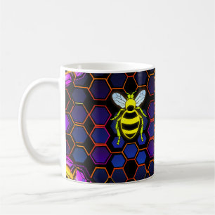 Taza De Café Neon Honeybee vibrante con abstracto Hexagonal