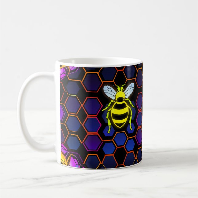 Taza De Café Neon Honeybee vibrante con abstracto Hexagonal (Izquierda)