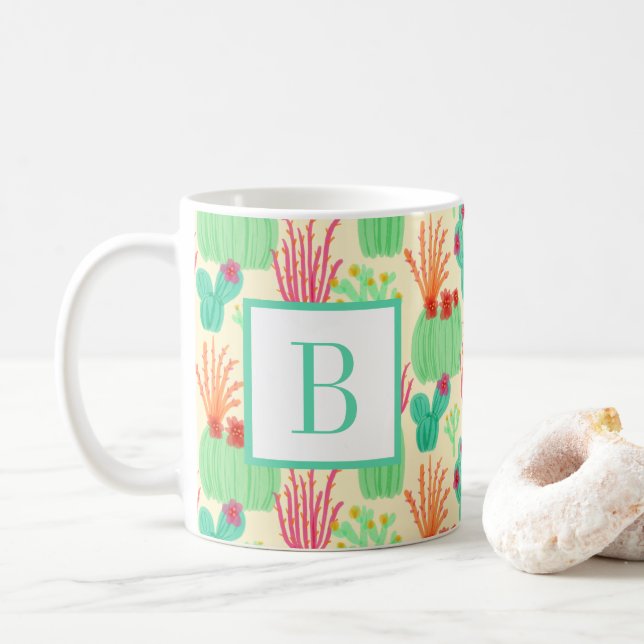 Taza De Café Neon Prickly Pear Ocotillo Cactus Desert Initial (Con donut)