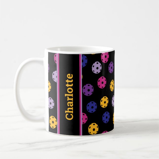 Taza De Café Neón sobre pickleball negro, nombre personalizado  (Izquierda)