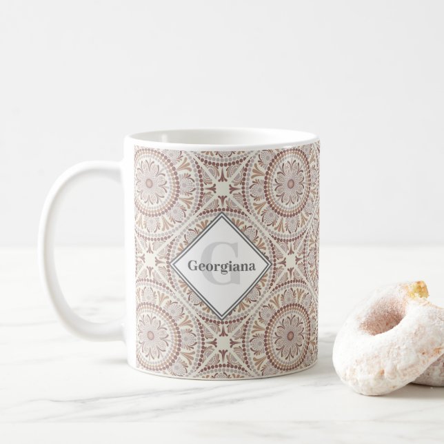 Taza De Café Neutros Cálidos Monogramados Dot Mandala Tile Diam (Con donut)