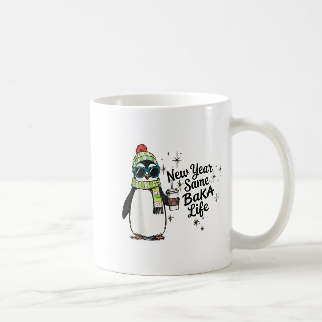 Taza De Café New Year Same Baka Life Penguin Meme Joke  (Derecha)