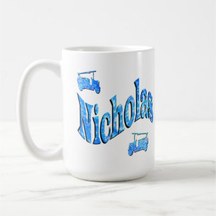 Taza De Café Nicholas Nombre Con Camiones De Bomberos,