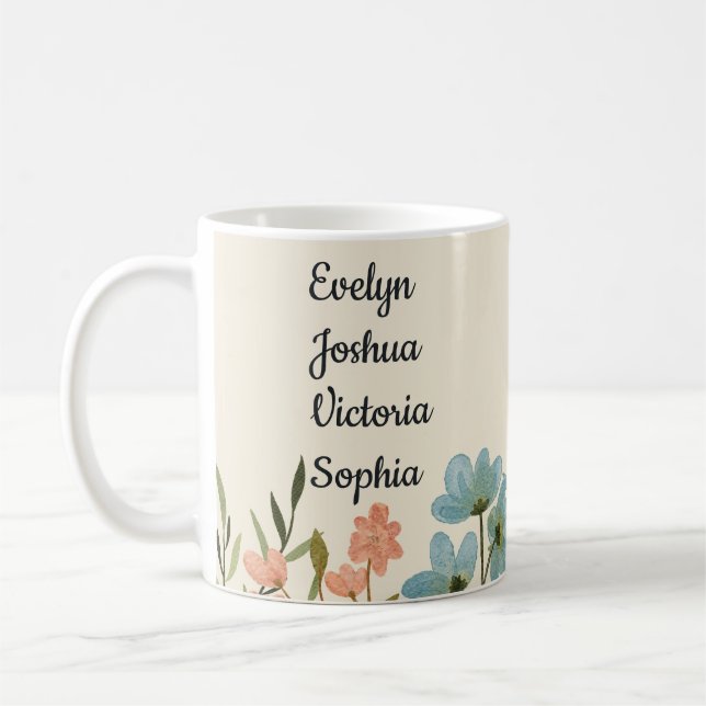 Taza De Café Nietos personalizados Nombres flores silvestres (Izquierda)