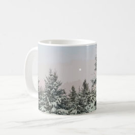 Taza De Café Nieve cubierta Pino Árboles Moon Sunset