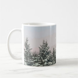 Taza De Café Nieve cubierta Pino Árboles Moon Sunset