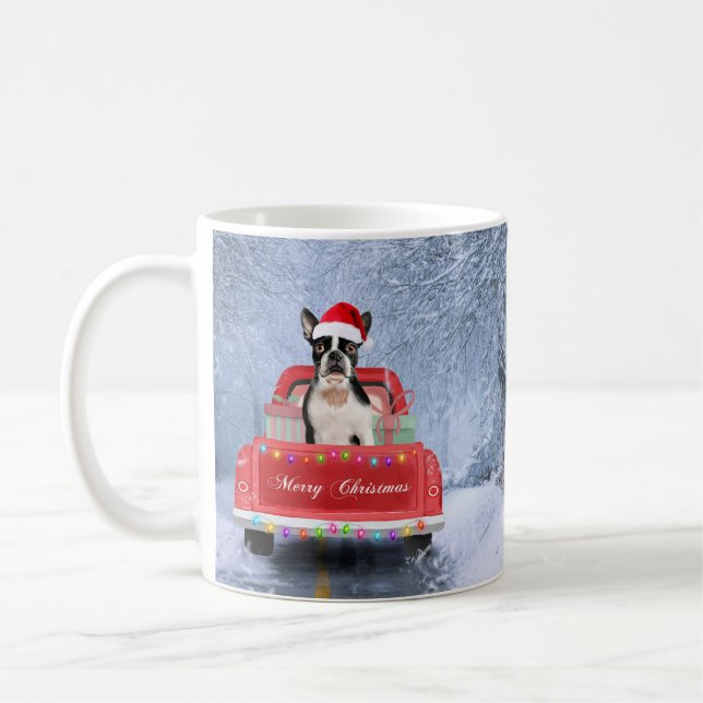 Taza De Café Nieve de perro terrible de Boston sentada en un ca (Izquierda)
