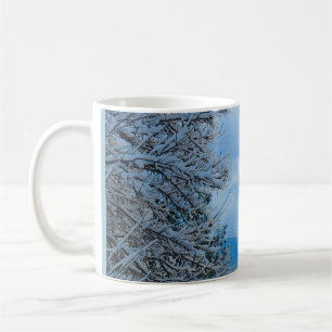 Taza De Café Nieve sobre pinos en montañas rocosas de Colorado