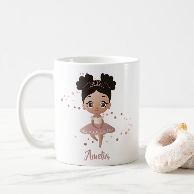 Taza De Café Niña bailando bailarina princesa, oro Rosa (Con donut)