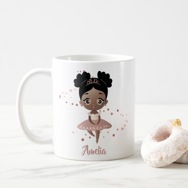 Taza De Café Niña bailando bailarina princesa, oro Rosa (Con donut)