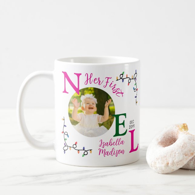 Taza De Café Niña bebé primera foto rosa de Navidad primer novi (Con donut)