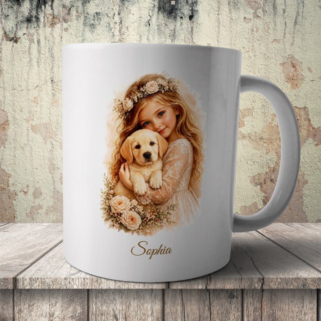 Taza De Café Niña con cachorro de Labrador (Subido por el creador)