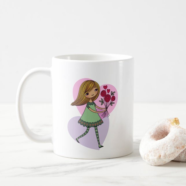 Taza De Café Niña Con Flores (Con donut)