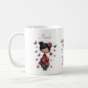 Taza De Café Niña con varita mágica y mariposas Lindo