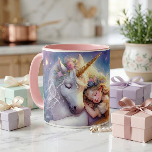 Taza De Café Niña Durmiendo Paisaje de Ensueño Unicornio