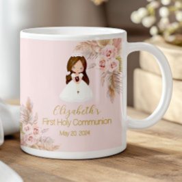 Taza De Café Niña Elegante Primera Comunión Boho Floral Rosa