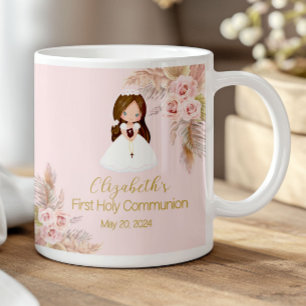 Taza De Café Niña Elegante Primera Comunión Boho Floral Rosa