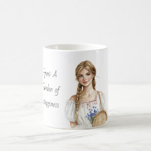 Taza De Café Niña Flores Azules Moradas Jardín de la Felicidad