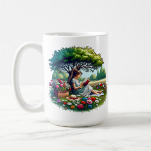 Taza De Café Niña leyendo un libro bajo un árbol en un día rela