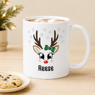 Taza De Café Niña Reno Cute Lazo Verde Copo de Nieve