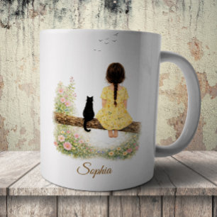Taza De Café Niña y gato negro en rama