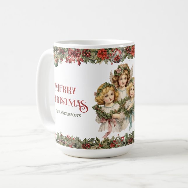 Taza De Café Niñas Navidades Angels victorianos con holly (Anverso izquierdo)