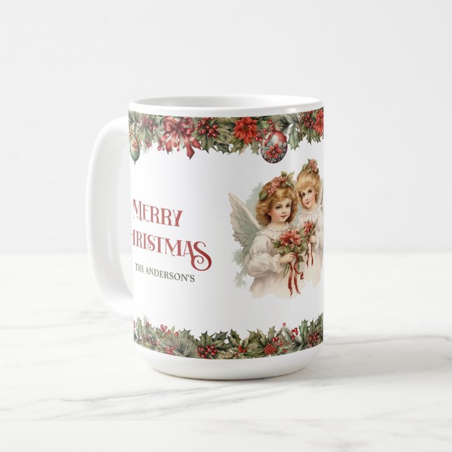 Taza De Café Niñas Navidades Angels victorianos con holly (Anverso izquierdo)