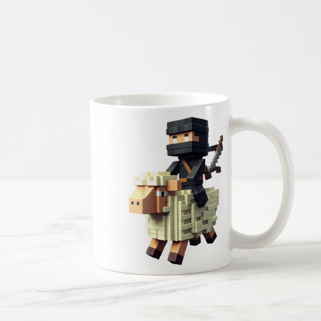 Taza De Café Ninja Riding Sheep Block Style Character Pixel Art (Derecha)