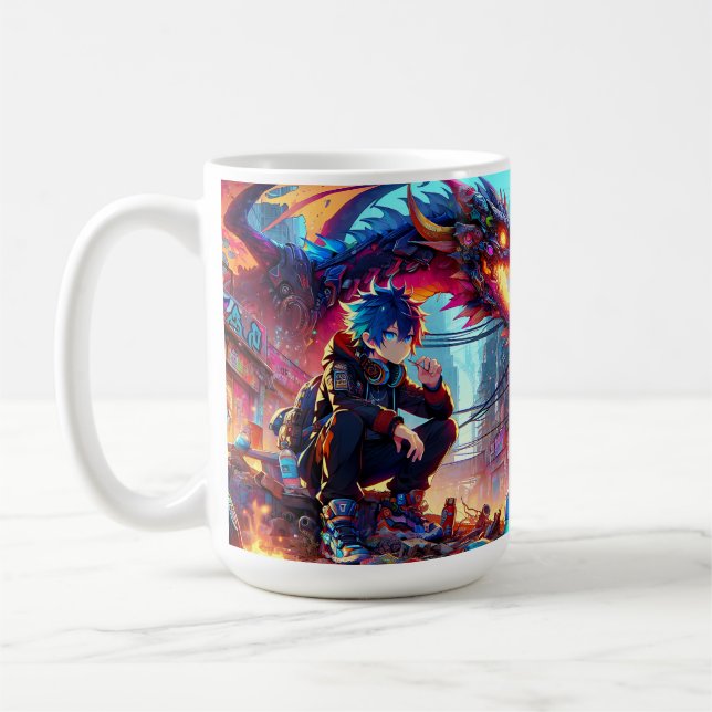 Taza De Café Niño animado y dragón en un mundo distópico (Izquierda)