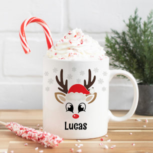 Taza De Café Niño Reno Lindo Sombrero de Santa Nombre Personali