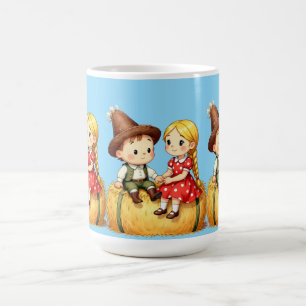 Taza De Café Niños del campo en un fardo de heno,