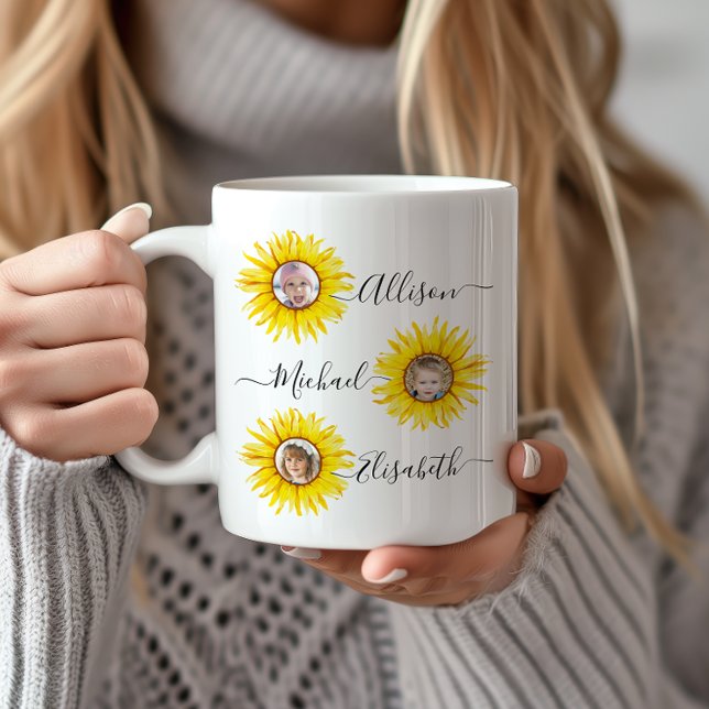 Taza De Café Niños del girasol | Foto de los nietos (Capture cherished moments with this personalized mug adorned with photos of your grandchildren.)