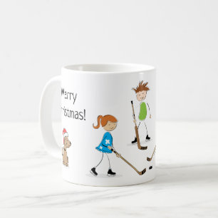 Taza De Café Niños jugando Navidades de hockey sobre yeso