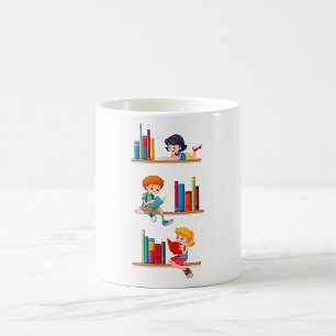 Taza De Café Niños leyendo libros en estante