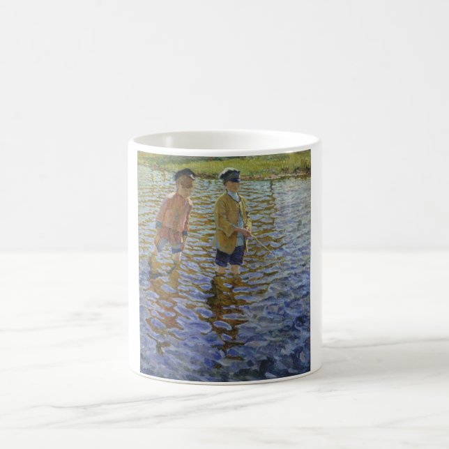 Taza De Café Niños pescando en el río (Anglers de época) (Centro)